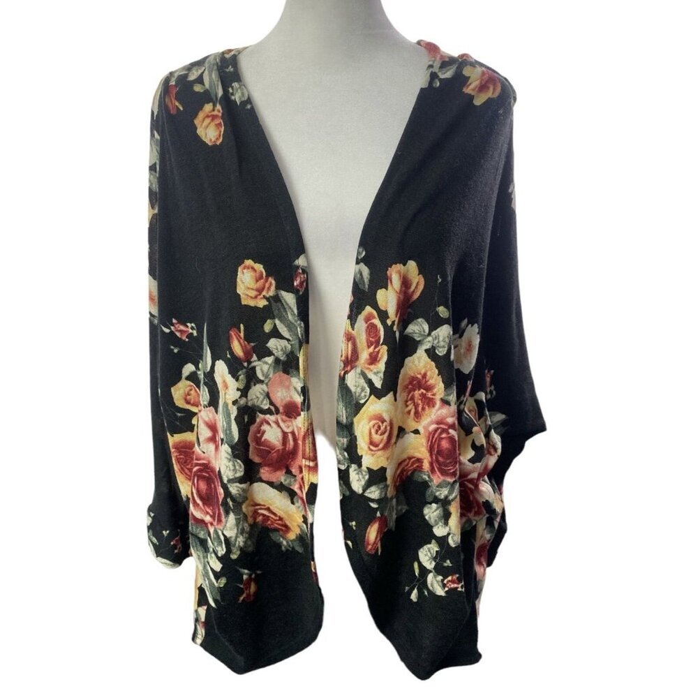 MAUVE Women Open Front Cardigan 3/4 Sleeves Floral Sz L Black Layers 90-2